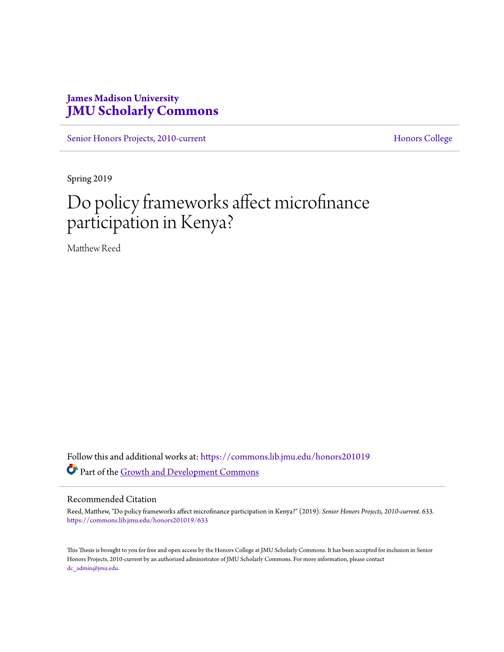 Do Policy Frameworks Affect Microfinance Participation in Kenya? Matthew Reed