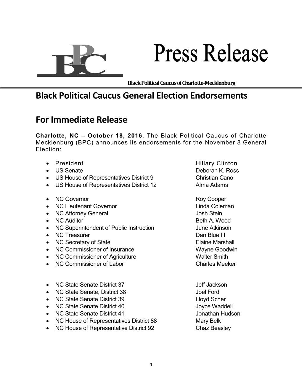 Black Political Caucus General Election Endorsements For