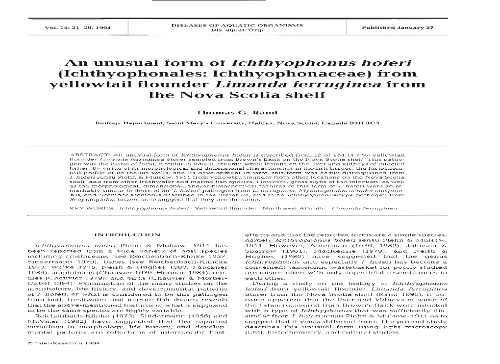 An Unusual Form of Ichthyophonus Hoferi (Ichthyophonales: Ichthyophonaceae) from Yellowtail Flounder Limanda Ferruginea from the Nova Scotia Shelf