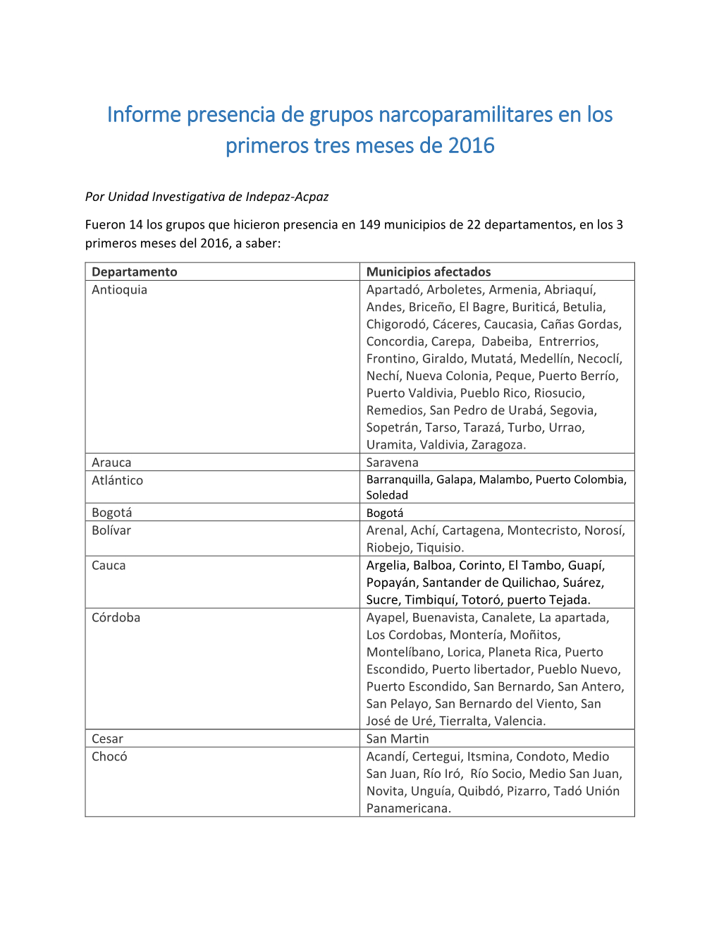 Informe Presencia De Grupos Narcoparamilitares En Los Primeros Tres Meses De 2016