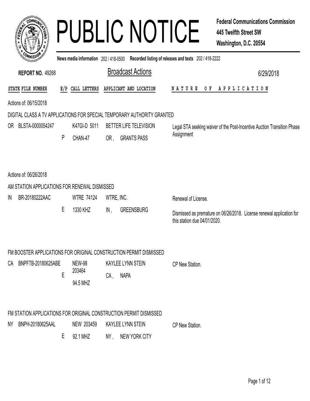 Broadcast Actions 6/29/2018