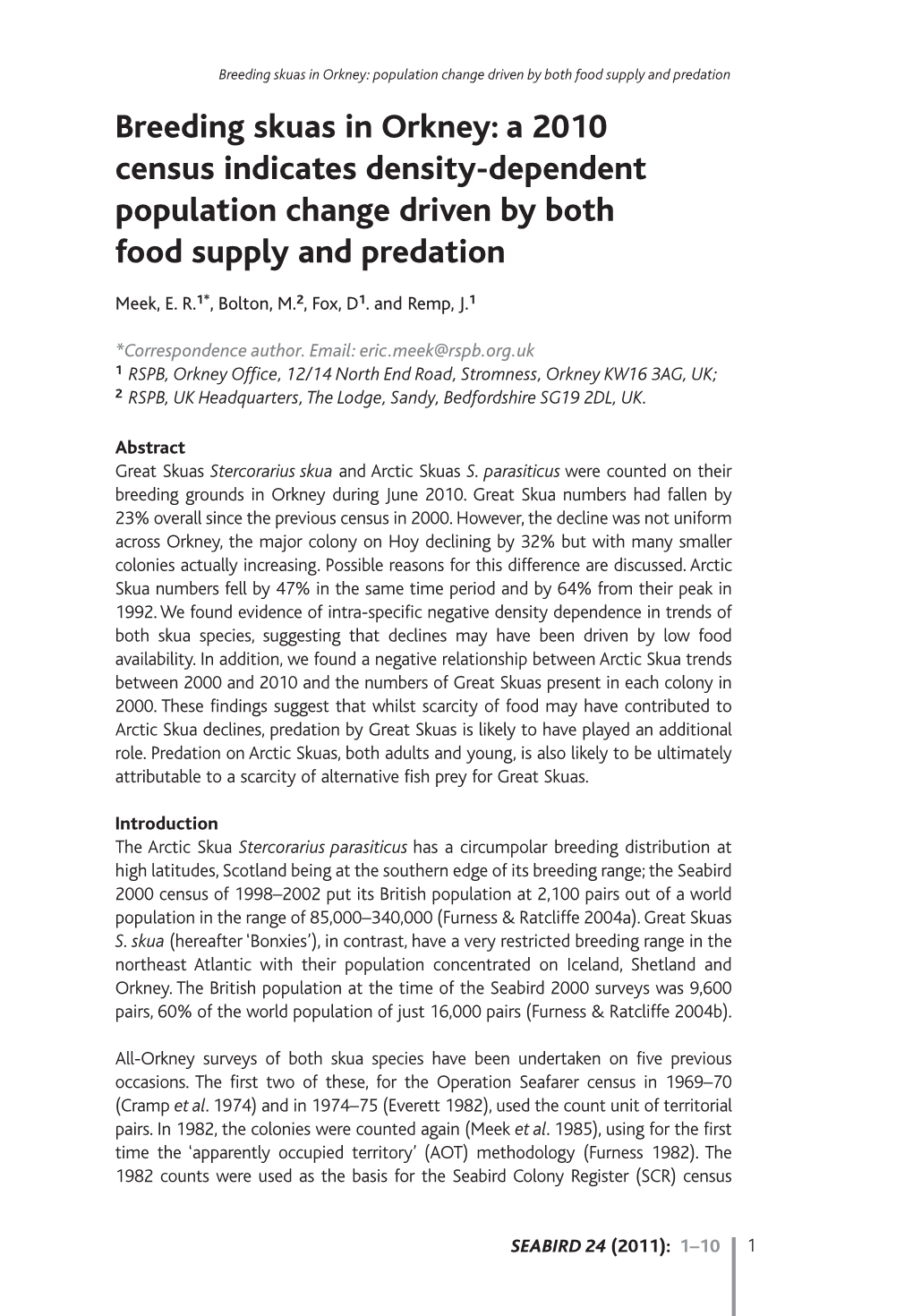 Breeding Skuas in Orkney: a 2010 Census Indicates Density-Dependent Population Change Driven by Both Food Supply and Predation