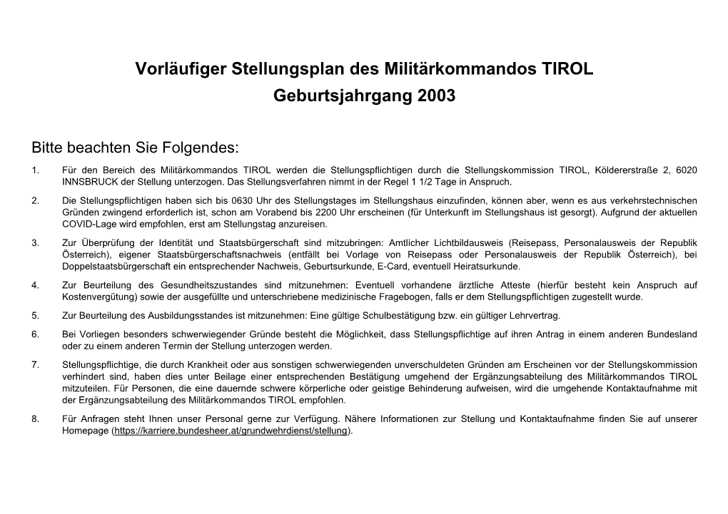 Vorläufiger Stellungsplan Des Militärkommandos TIROL Geburtsjahrgang 2003