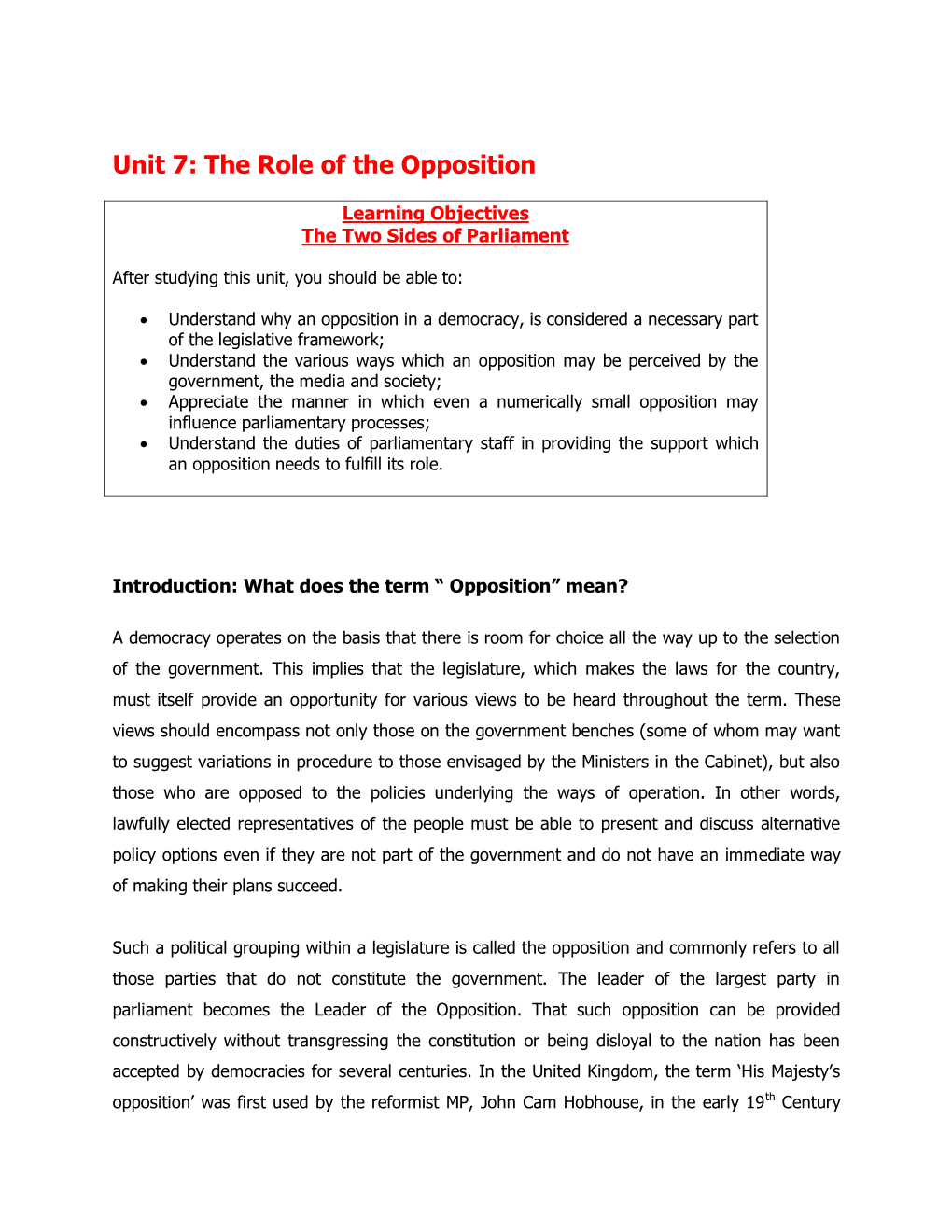 Unit 7: the Role of the Opposition
