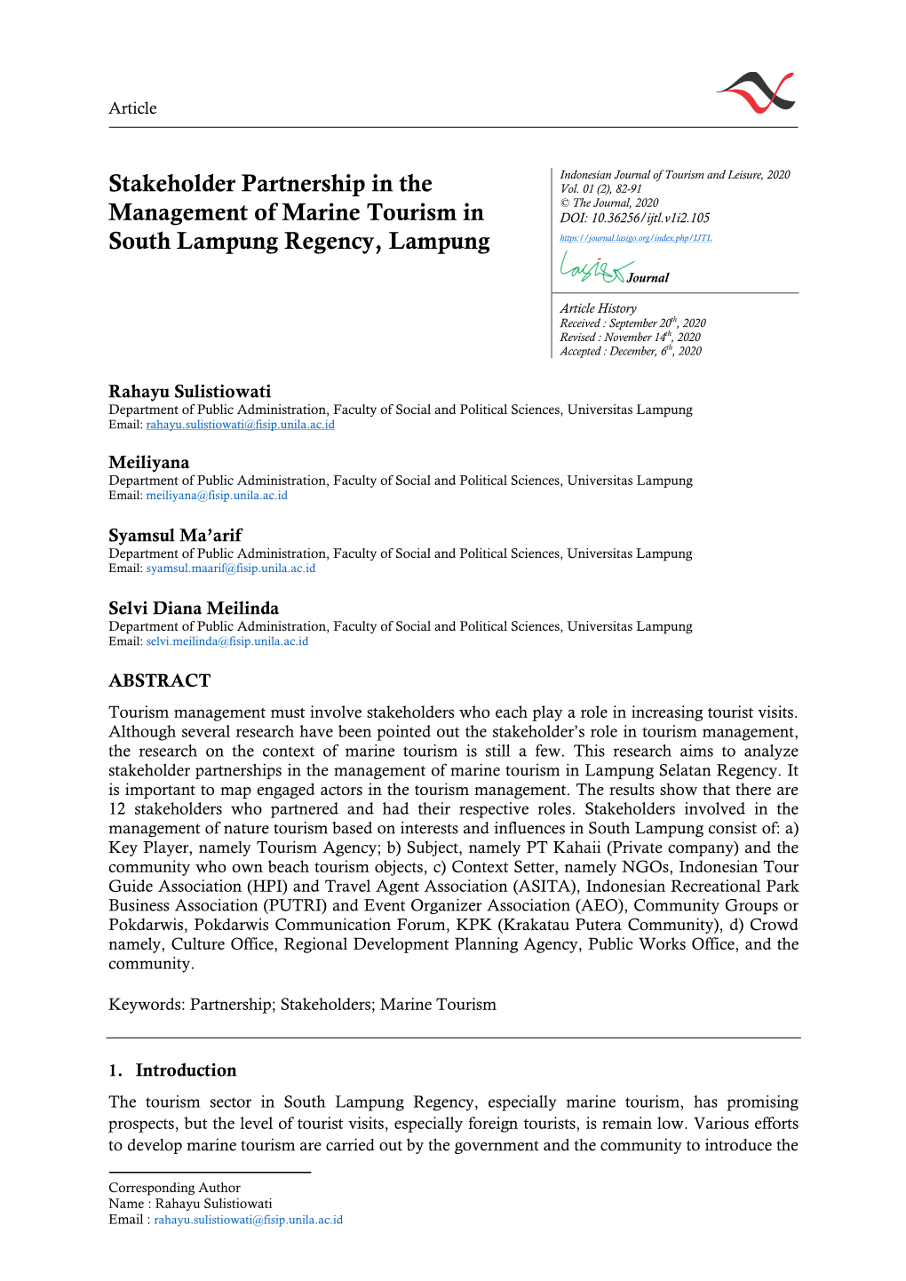 Stakeholder Partnership in the Management of Marine Tourism In