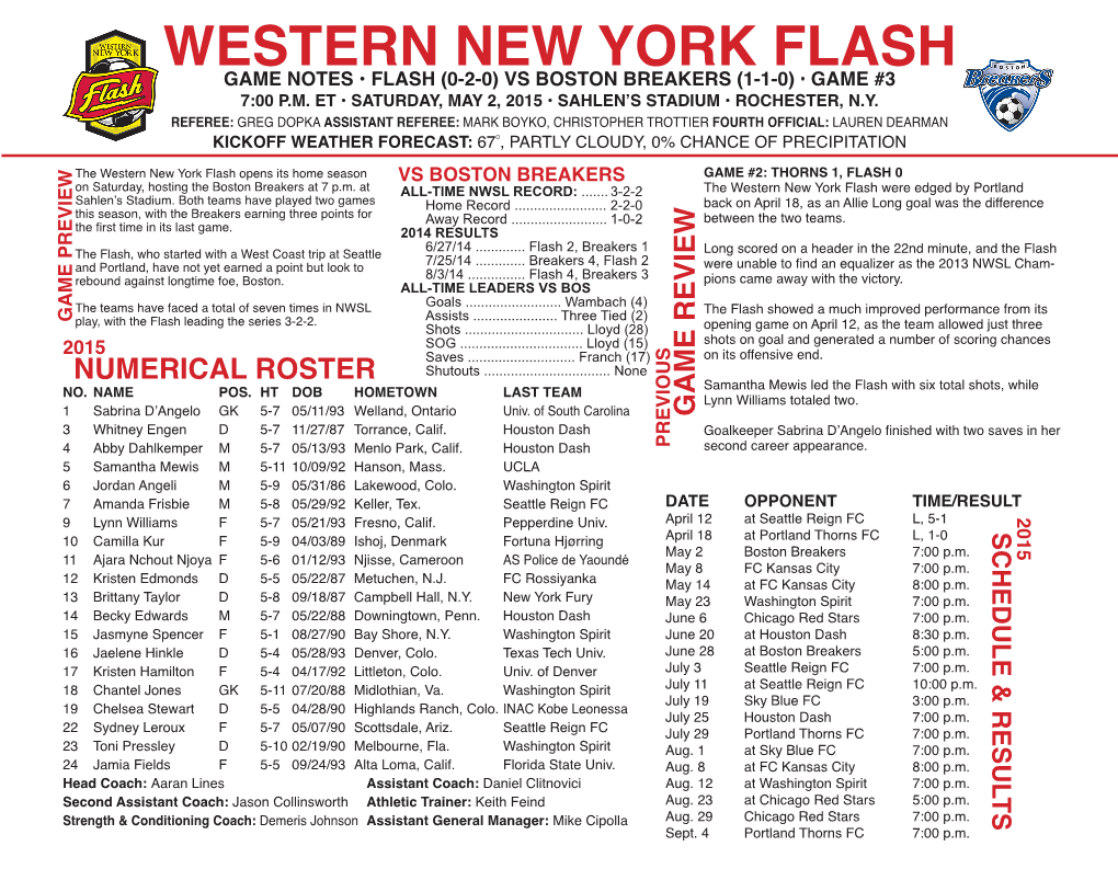 Western New York Flash Opens Its Home Season VS BOSTON BREAKERS GAME #2: THORNS 1, FLASH 0 on Saturday, Hosting the Boston Breakers at 7 P.M