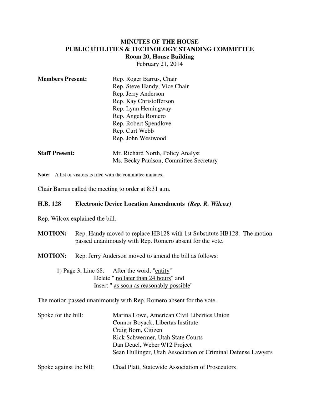 Minutes for House Public Utilities and Technology Committee 02/21