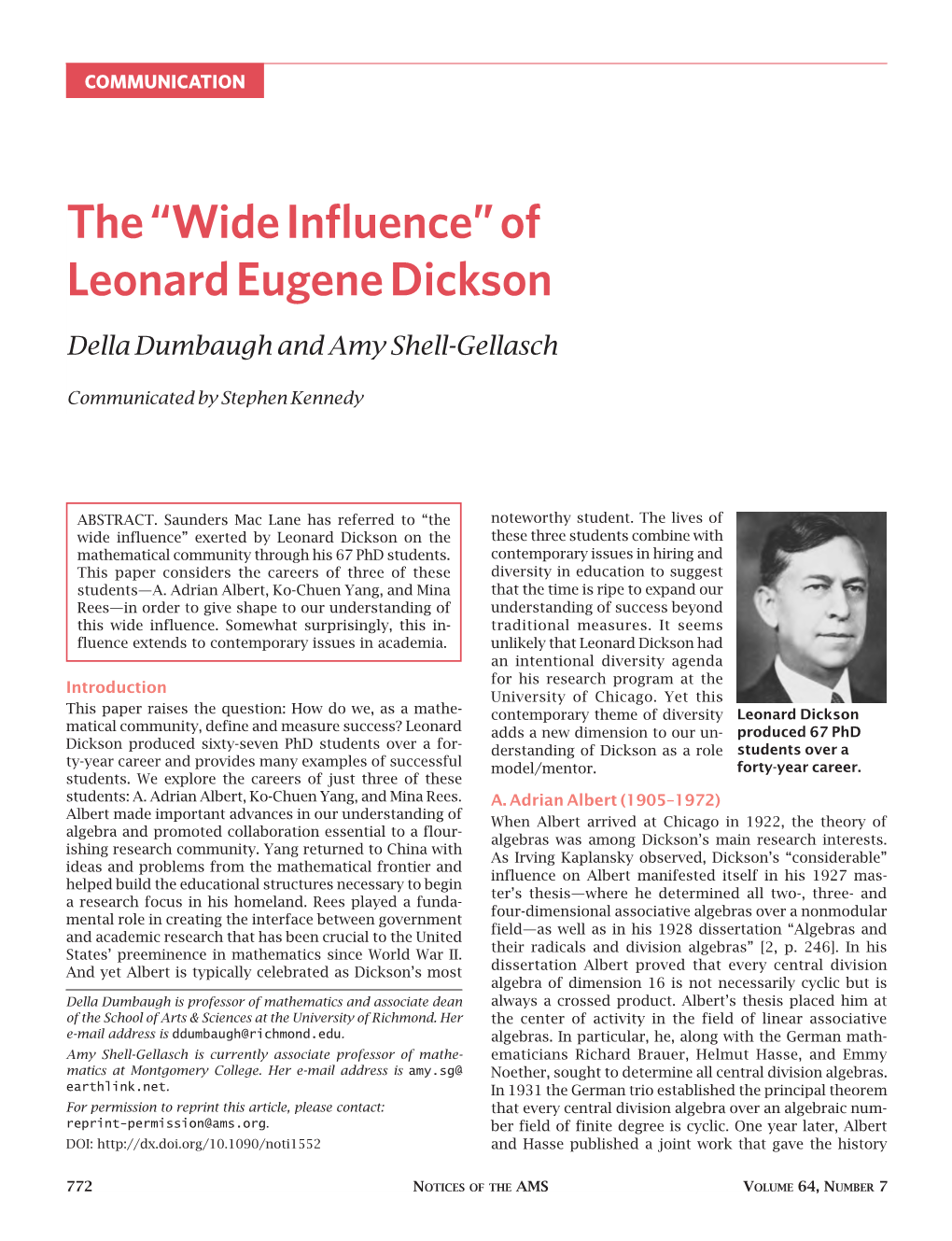 The “Wide Influence” of Leonard Eugene Dickson