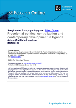 Precolonial Political Centralization and Contemporary Development in Uganda Article (Published Version) (Refereed)