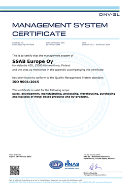 SSAB Europe Management System Certificate 9001 EN 2021