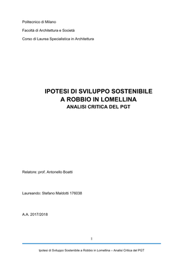Ipotesi Di Sviluppo Sostenibile a Robbio in Lomellina Analisi Critica Del Pgt