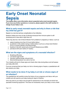 Early Onset Neonatal Sepsis This Leaflet Offers More Information About Suspected Early Onset Neonatal Sepsis