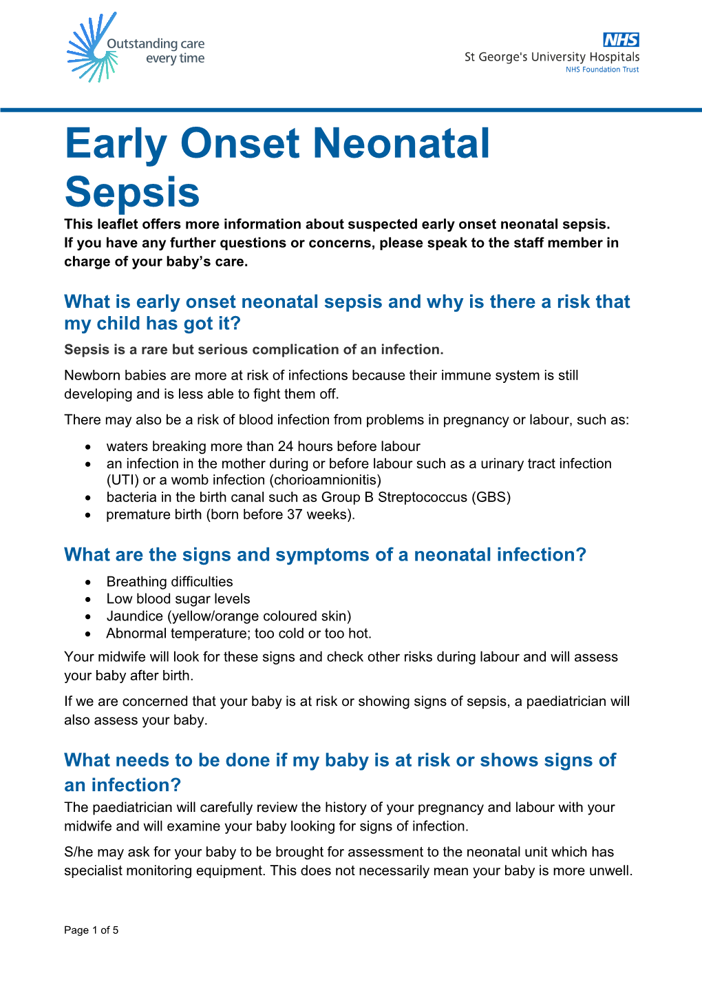 Early Onset Neonatal Sepsis This Leaflet Offers More Information About