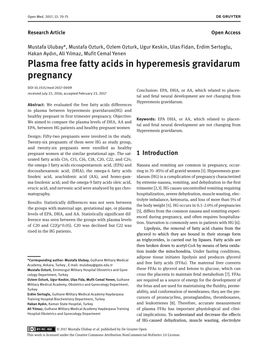 Plasma Free Fatty Acids in Hyperemesis Gravidarum Pregnancy
