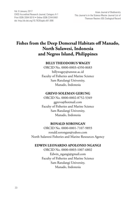 Fishes from the Deep Demersal Habitats Off Manado, North Sulawesi, Indonesia and Negros Island, Philippines