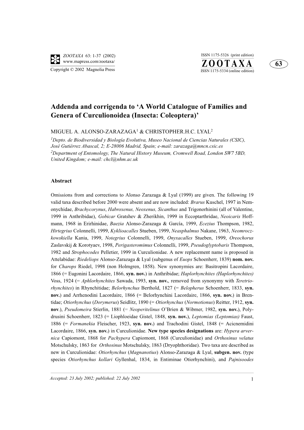 ZOOTAXA 63: 1-37 (2002) ISSN 1175-5326 (Print Edition) ZOOTAXA 63 Copyright © 2002 Magnolia Press ISSN 1175-5334 (Online Edition)