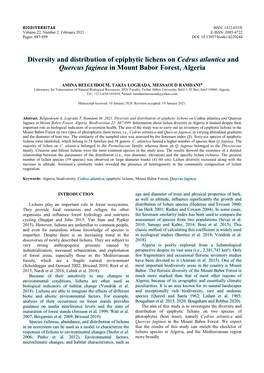 Diversity and Distribution of Epiphytic Lichens on Cedrus Atlantica and Quercus Faginea in Mount Babor Forest, Algeria