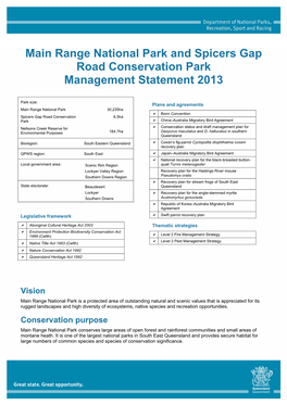Main Range National Park and Spicers Gap Road Conservation Park Management Statement 2013