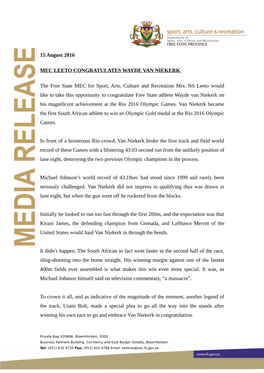 MEC Leeto Congratulates Wayde Van Niekerk on Olympic Gold
