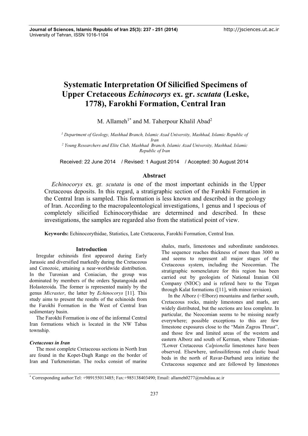 Systematic Interpretation of Silicified Specimens of Upper Cretaceous Echinocorys Ex. Gr. Scutata (Leske, 1778), Farokhi Formation, Central Iran