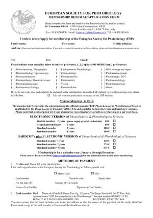 European Society for Photobiology Membership Renewal/Application Form