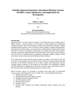 Globally Important Ingenious Agricultural Heritage Systems (GIAHS): Extent, Significance, and Implications for Development