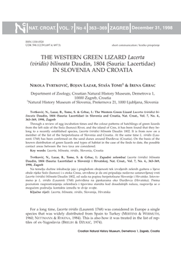 THE WESTERN GREEN LIZARD Lacerta (Viridis) Bilineata Daudin, 1804 (Sauria: Lacertidae) in SLOVENIA and CROATIA