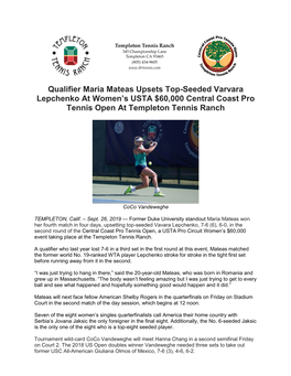 Qualifier Maria Mateas Upsets Top-Seeded Varvara Lepchenko at Women’S USTA $60,000 Central Coast Pro Tennis Open at Templeton Tennis Ranch