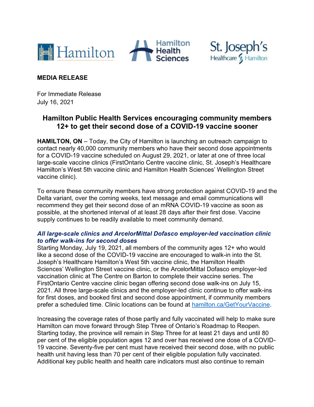 Hamilton Public Health Services Encouraging Community Members 12+ to Get Their Second Dose of a COVID-19 Vaccine Sooner