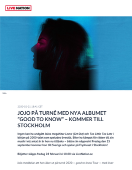 Jojo På Turné Med Nya Albumet ”Good to Know” – Kommer Till Stockholm