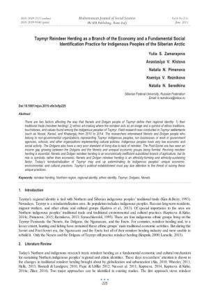 Taymyr Reindeer Herding As a Branch of the Economy and a Fundamental Social Identification Practice for Indigenous Peoples of the Siberian Arctic