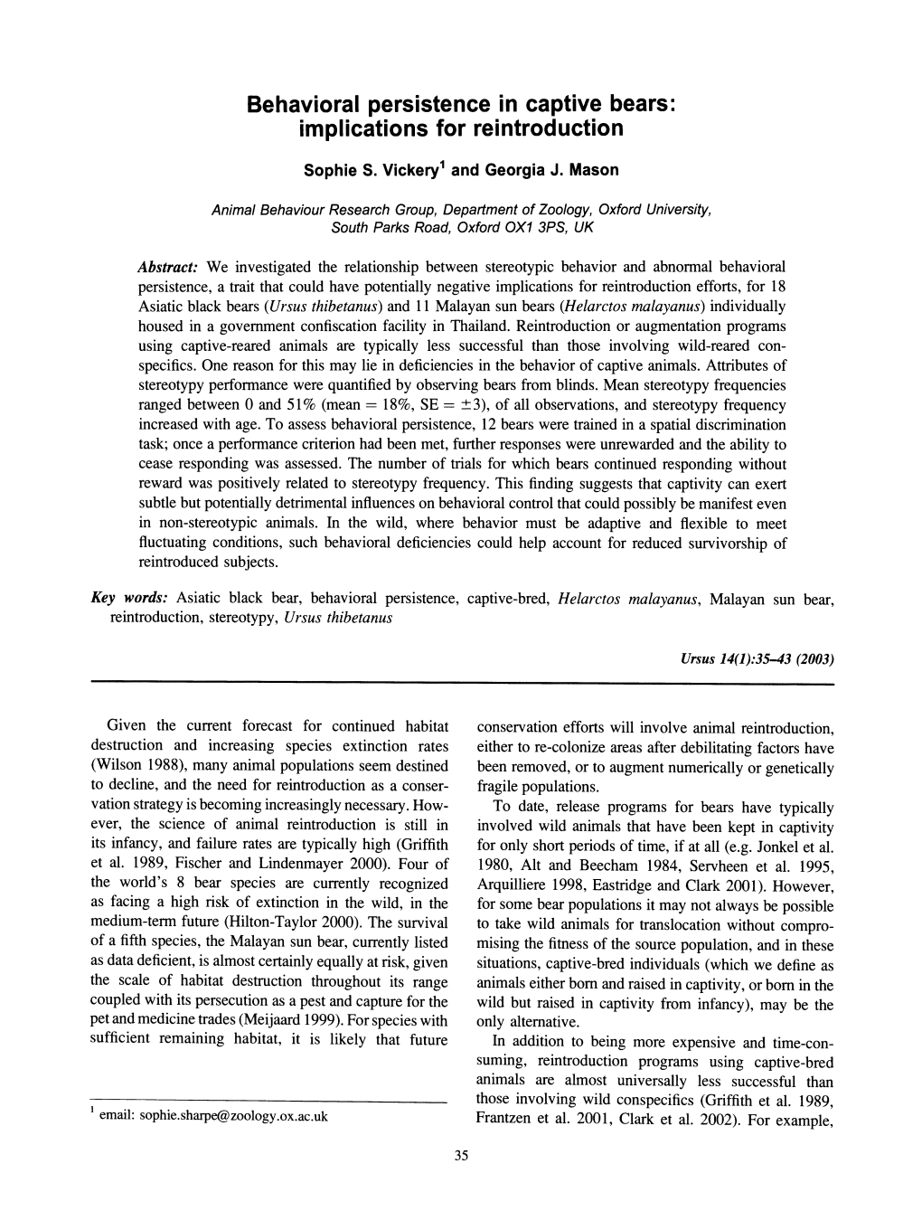 Behavioral Persistence in Captive Bears: Implications for Reintroduction