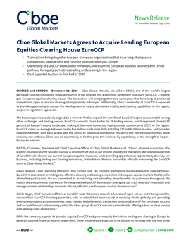 News Release Cboe Global Markets Agrees to Acquire Leading