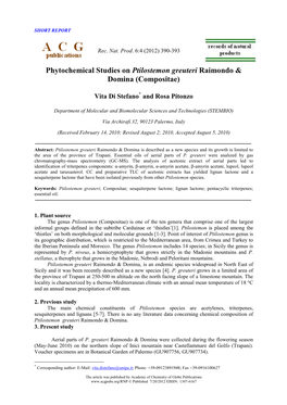 Phytochemical Studies on Ptilostemon Greuteri Raimondo & Domina (Compositae)