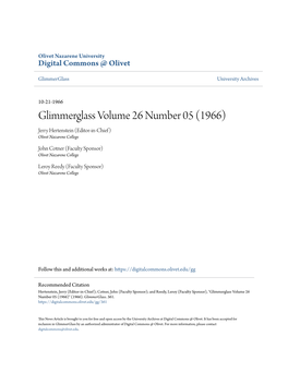 Glimmerglass Volume 26 Number 05 (1966) Jerry Hertenstein (Editor-In-Chief) Olivet Nazarene College