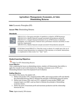 EP1 Agriculture Management, Economics, & Sales Diminishing