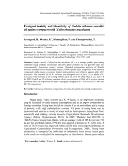Fumigant Toxicity and Bioactivity of Wedelia Trilobata Essential Oil Against Cowpea Weevil (Callosobruchus Maculatus)
