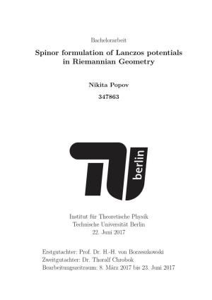 Spinor Formulation of Lanczos Potentials in Riemannian Geometry