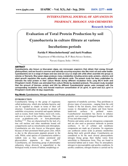 Evaluation of Total Protein Production by Soil Cyanobacteria in Culture Filtrate at Various Incubations Periods