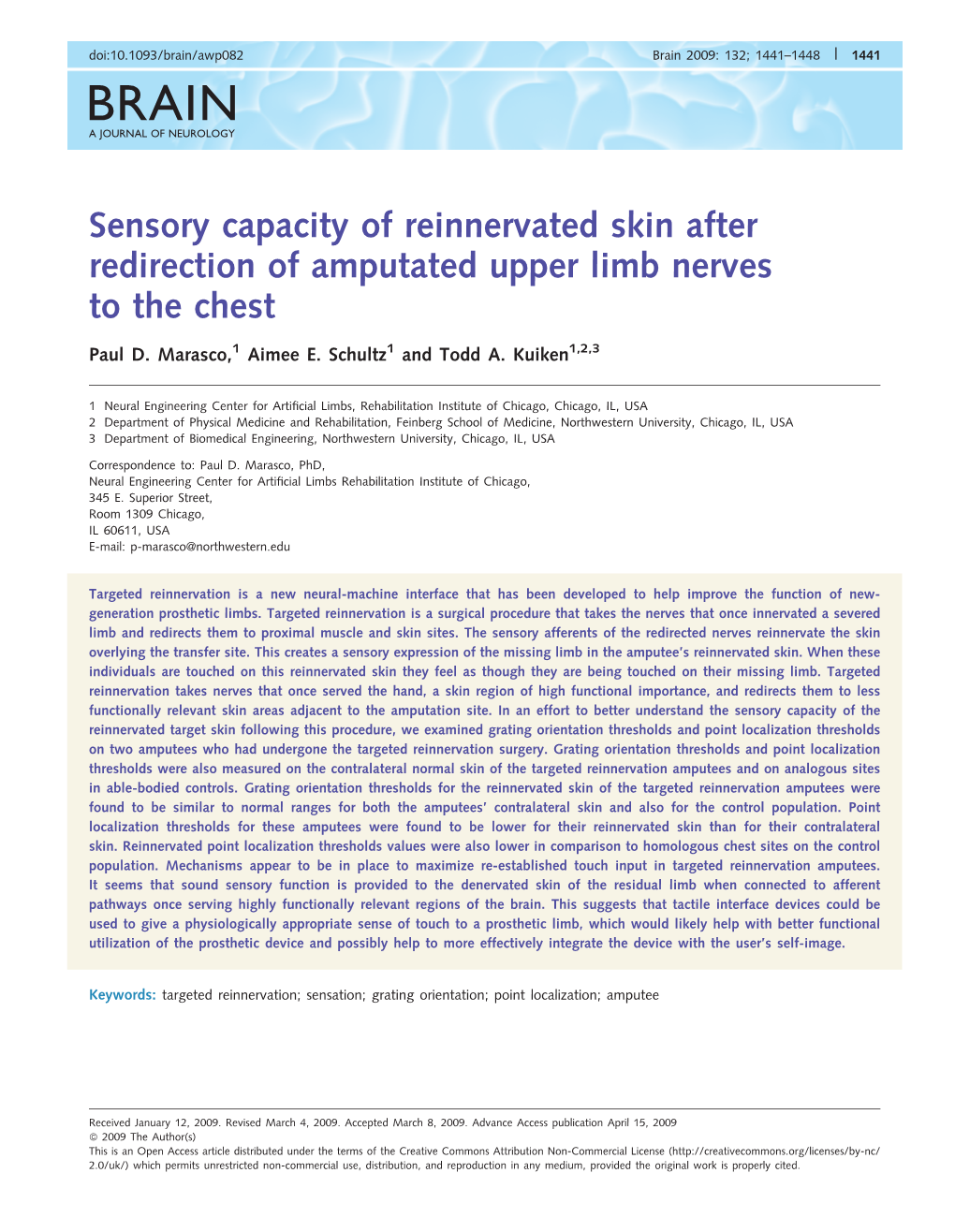 Sensory Capacity of Reinnervated Skin After Redirection of Amputated Upper Limb Nerves to the Chest