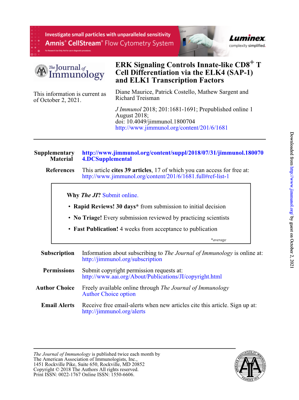 ERK Signaling Controls Innate-Like CD8+ T Cell Differentiation Via the ELK4 (SAP-1) and ELK1 Transcription Factors