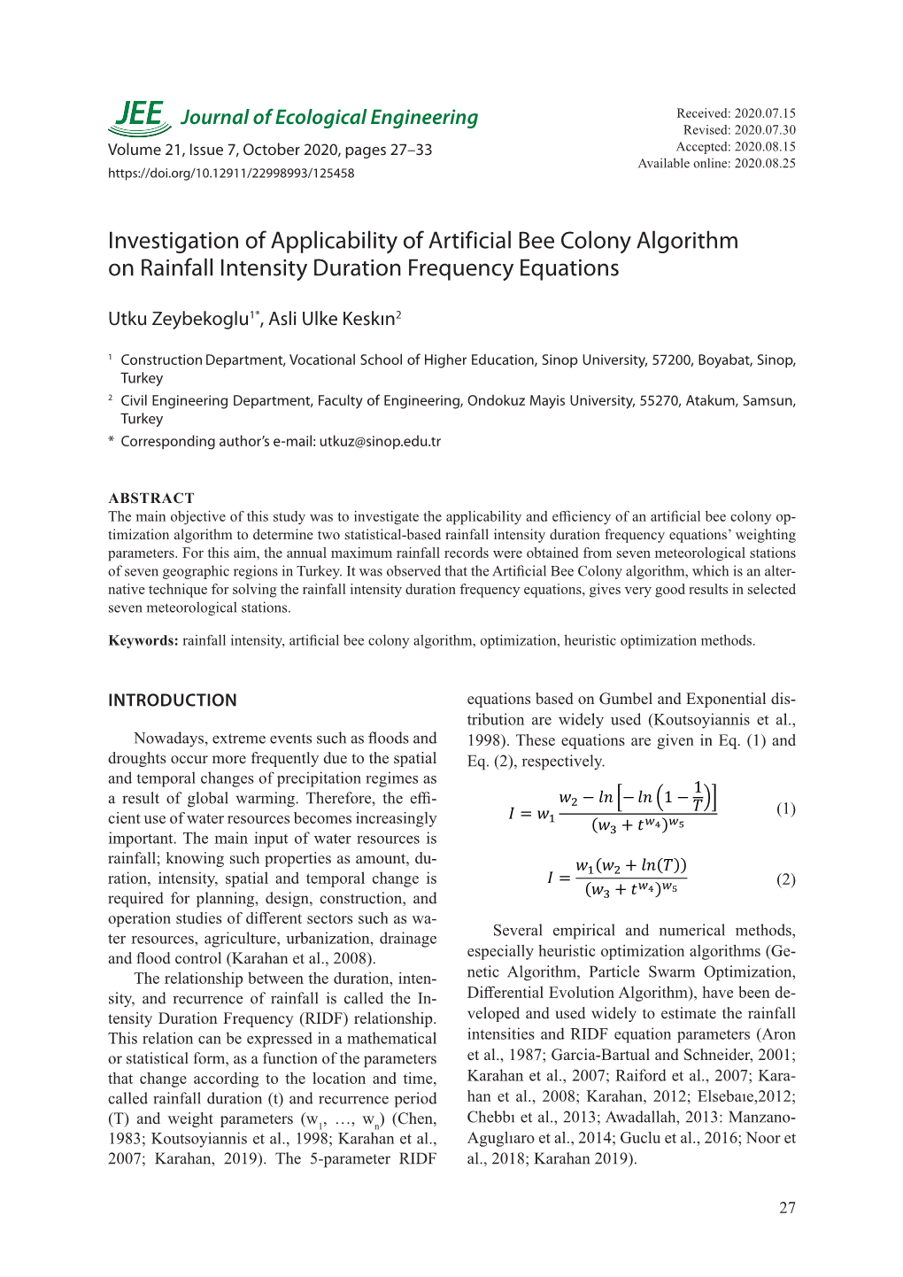 Investigation of Applicability of Artificial Bee Colony Algorithm on Rainfall Intensity Duration Frequency Equations