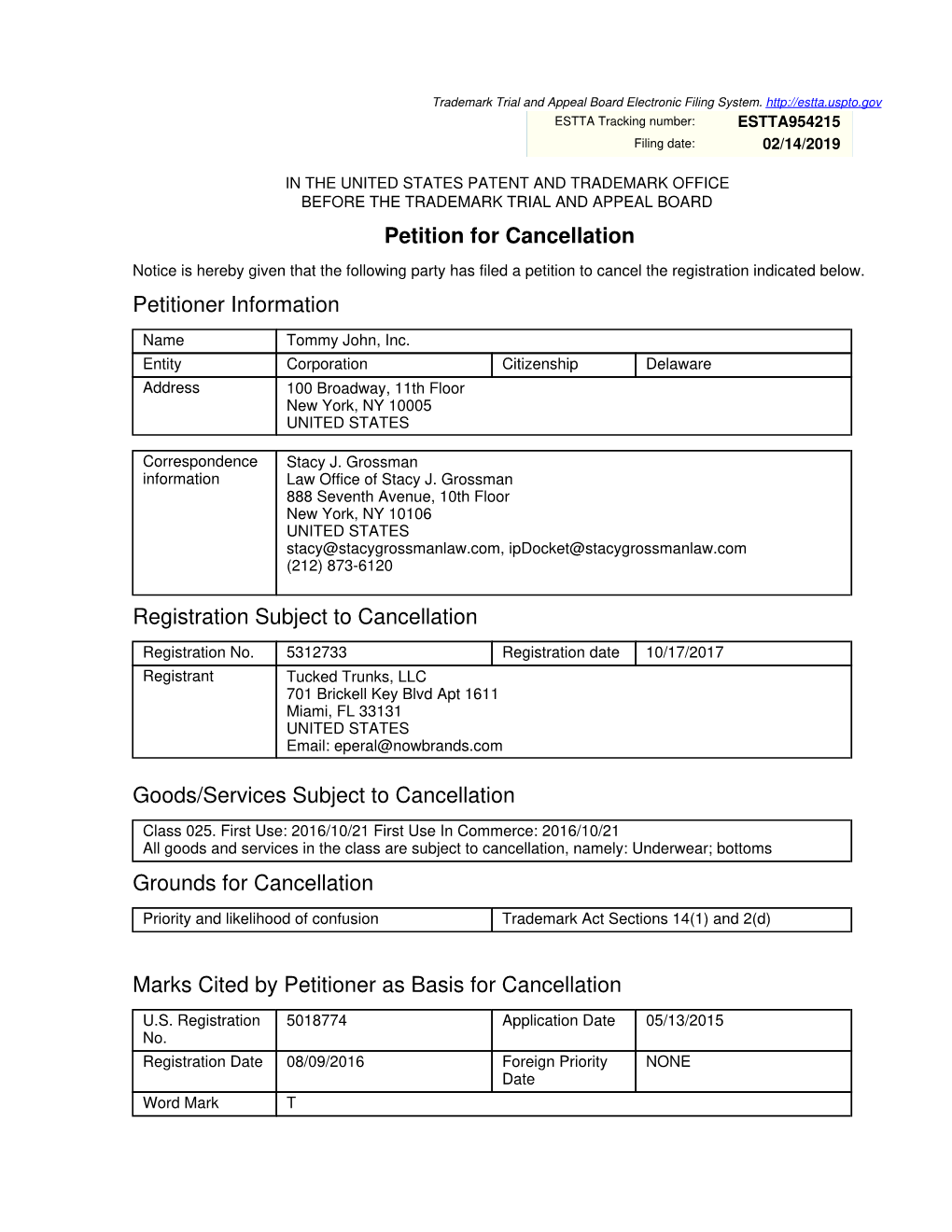 Petition for Cancellation Petitioner Information Registration Subject To