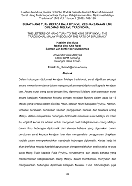 Surat Hang Tuah Kepada Raja Ryukyu: Kebijaksanaan Ilmu Diplomasi Melayu Tradisional” JMS Vol
