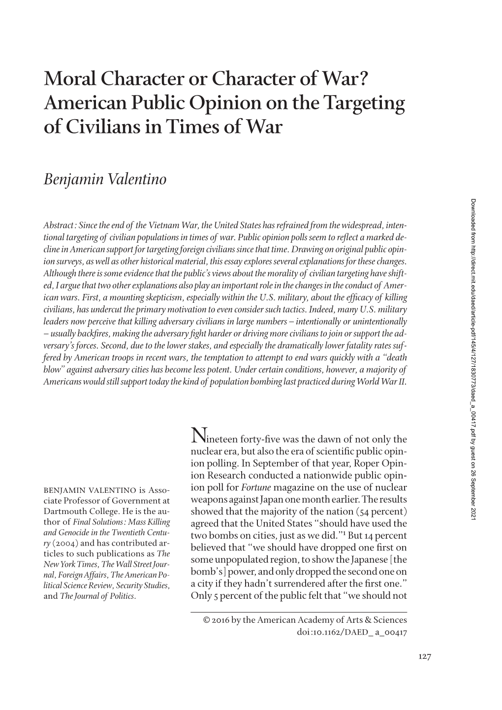 Moral Character Or Character of War? American Public Opinion on the Targeting of Civilians in Times of War