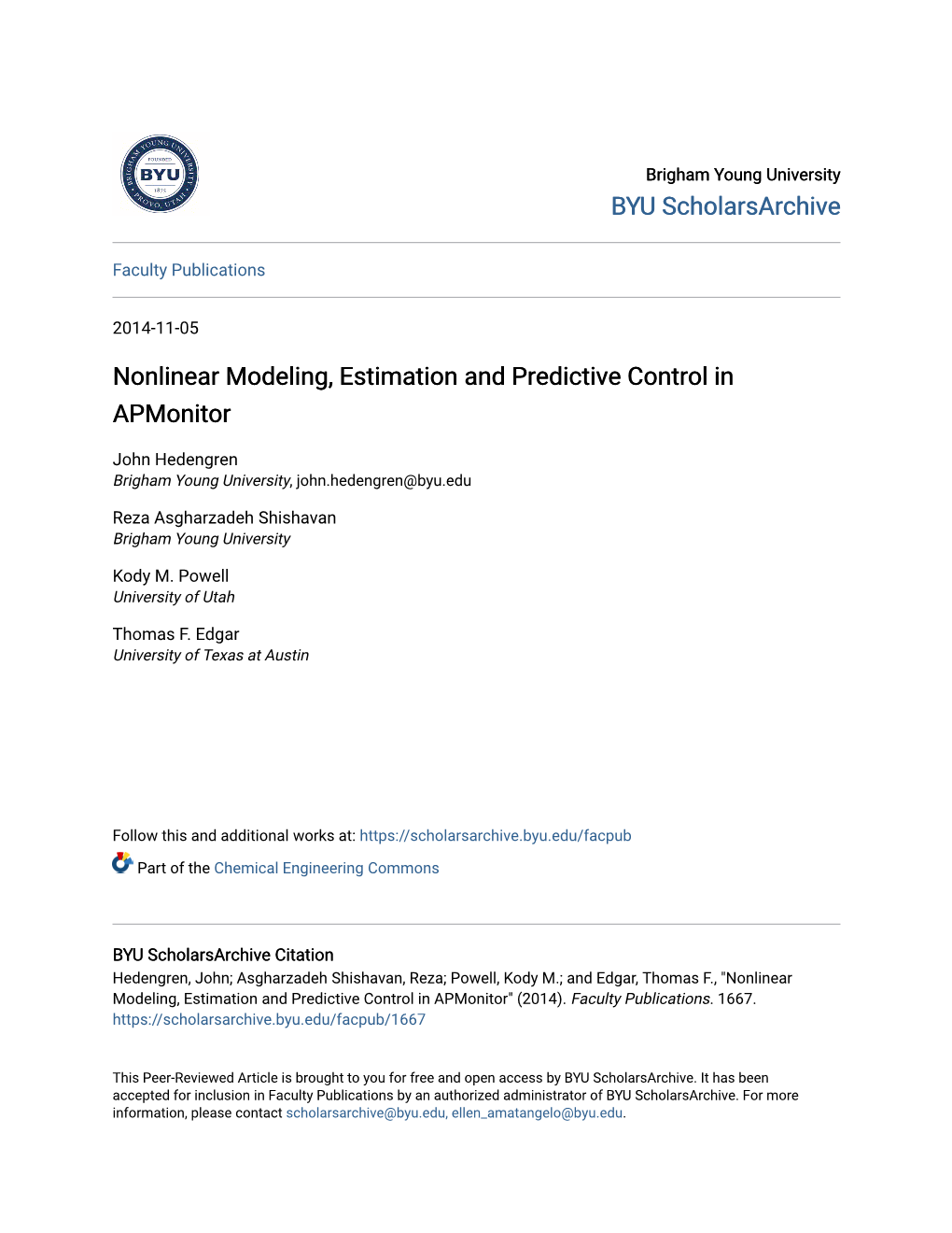 Nonlinear Modeling, Estimation and Predictive Control in Apmonitor