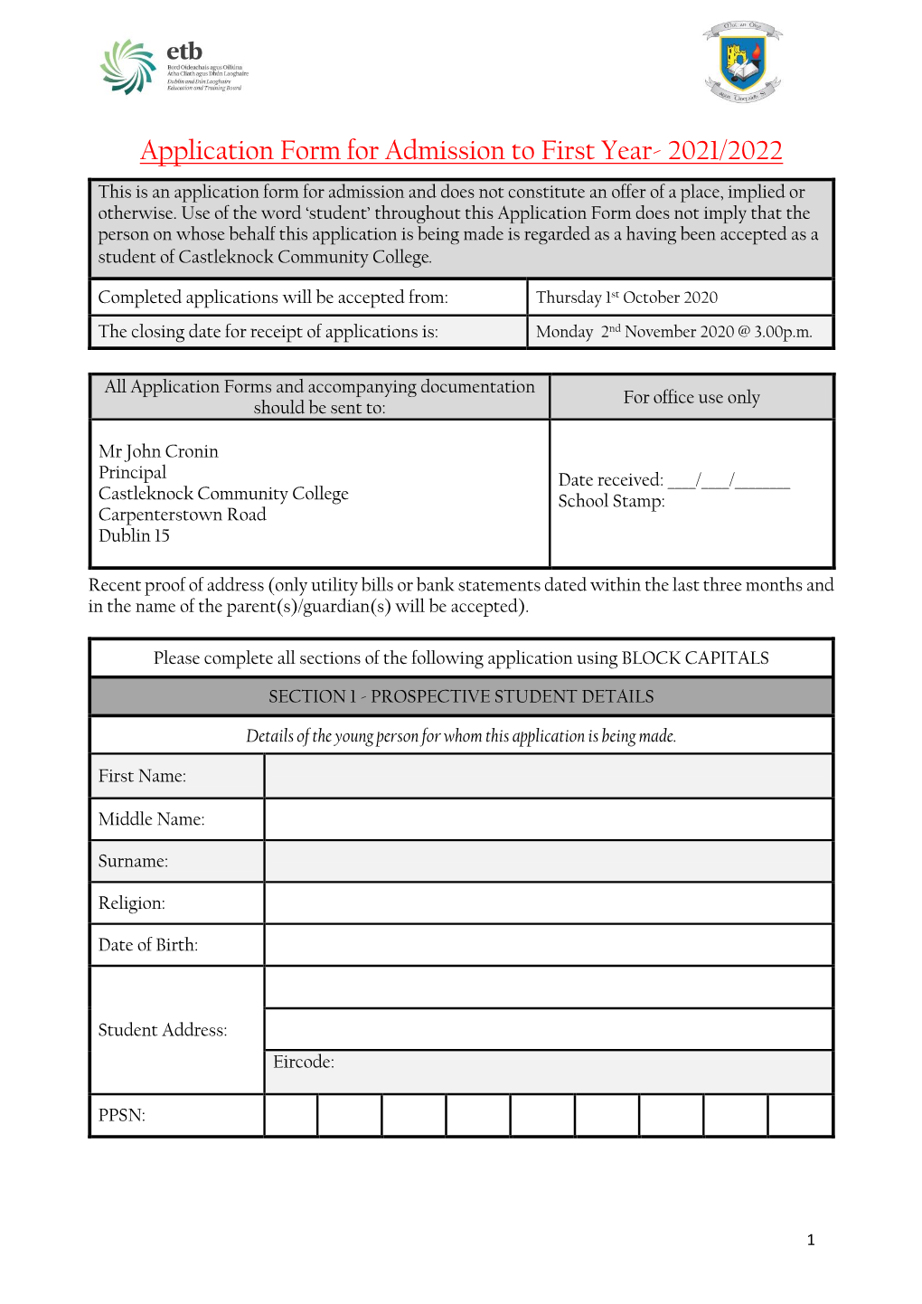 Application Form for Admission to First Year- 2021/2022 This Is an Application Form for Admission and Does Not Constitute an Offer of a Place, Implied Or Otherwise