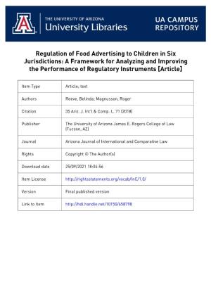 Regulation of Food Advertising to Children in Six Jurisdictions: a Framework for Analyzing and Improving the Performance of Regulatory Instruments [Article]