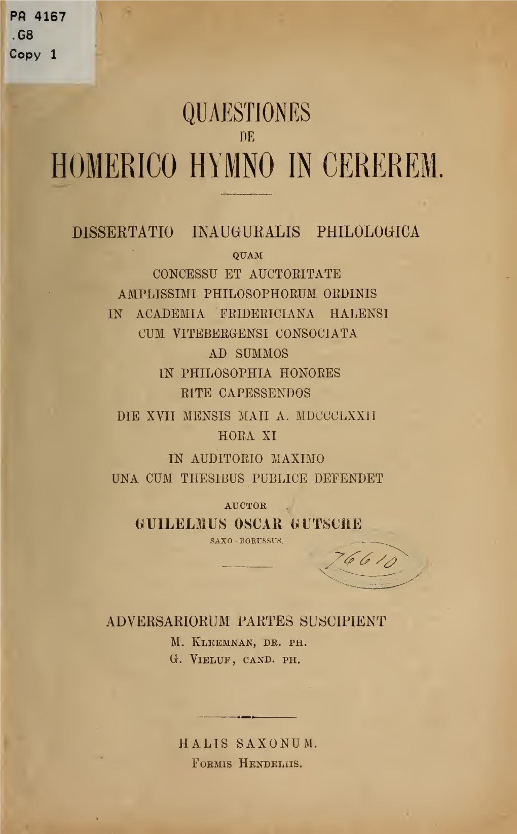 Quaestiones De Homerico Hymno in Cererem