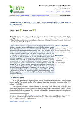 Determination of Anticancer Effects of Urospermum Picroides Against Human Cancer Cell Lines
